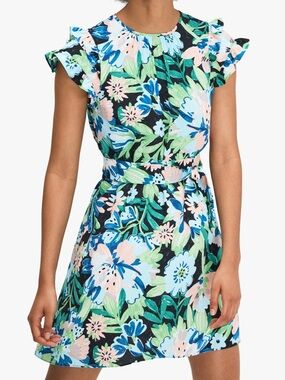 Kate Spade Full Bloom Belted Dress Ruffle Sleeves Floral Green Blue Size 10